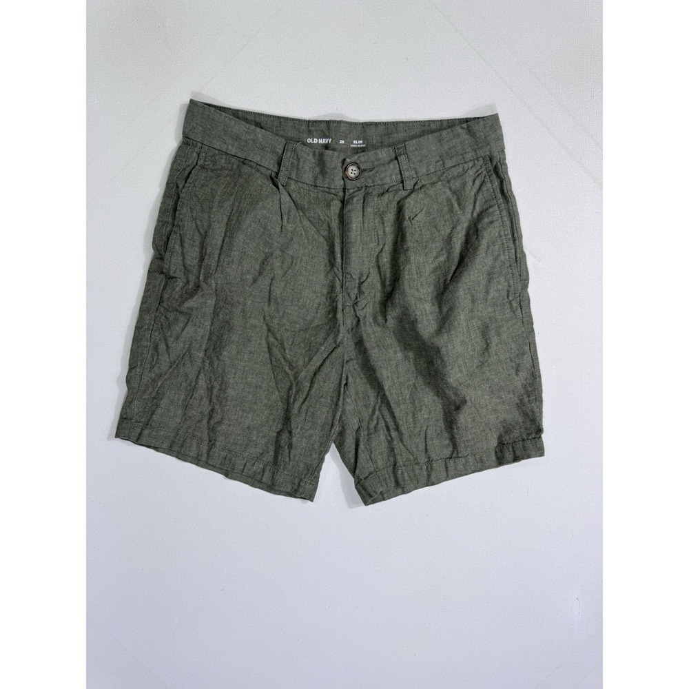 Old Navy Mens 29 Heritage Green Linen Blend Slim Fit 7 In Pleated Shorts 845867